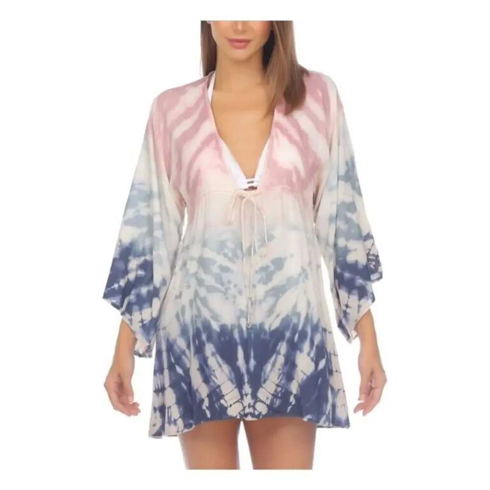RAVIYA Swim Cover Up Tie Dye Empire Drawstring Waist Tunic Deep V-Neck  0X